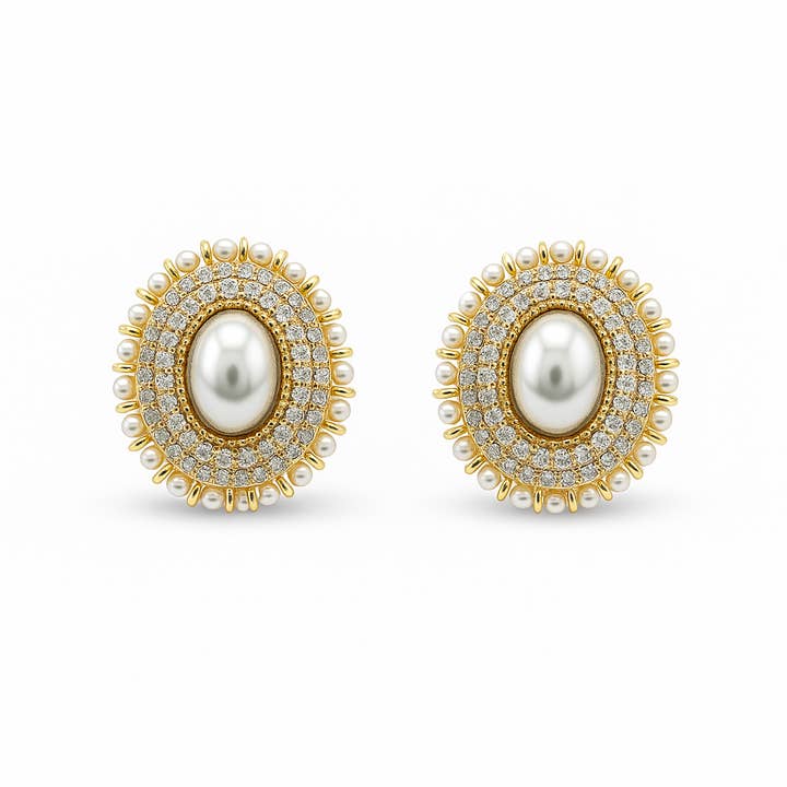 Brincos de Pressão Ovais Dourados com Pérola Falsa e Acentos de Zircónia Cúbica por atacado de Sedy Jewelry
