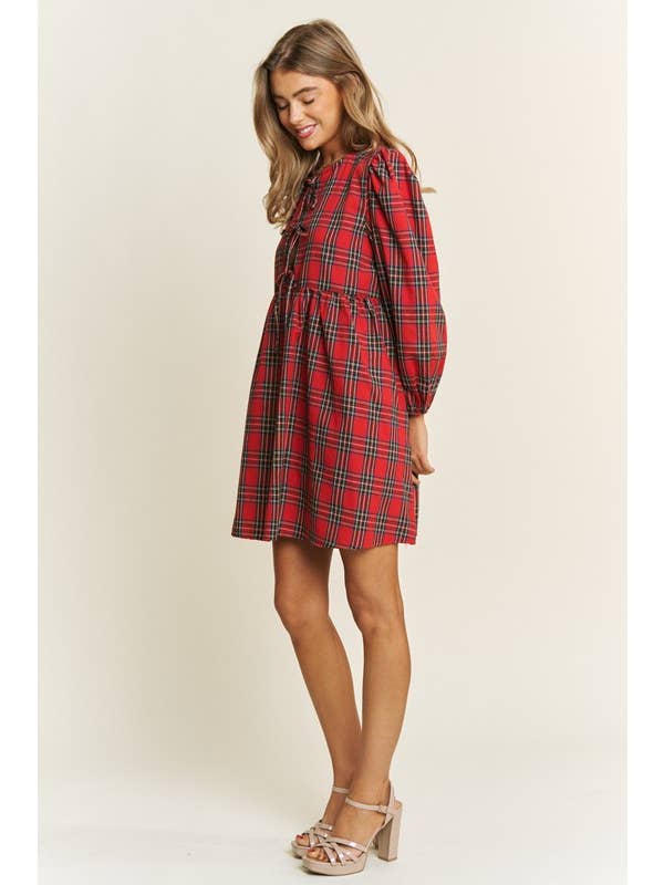 Pink Irene Wholesale - Wholesale Dress - Women's - SOFT PLAID WOVEN FABRIC BABYDOLL BOW MINI DRESS19