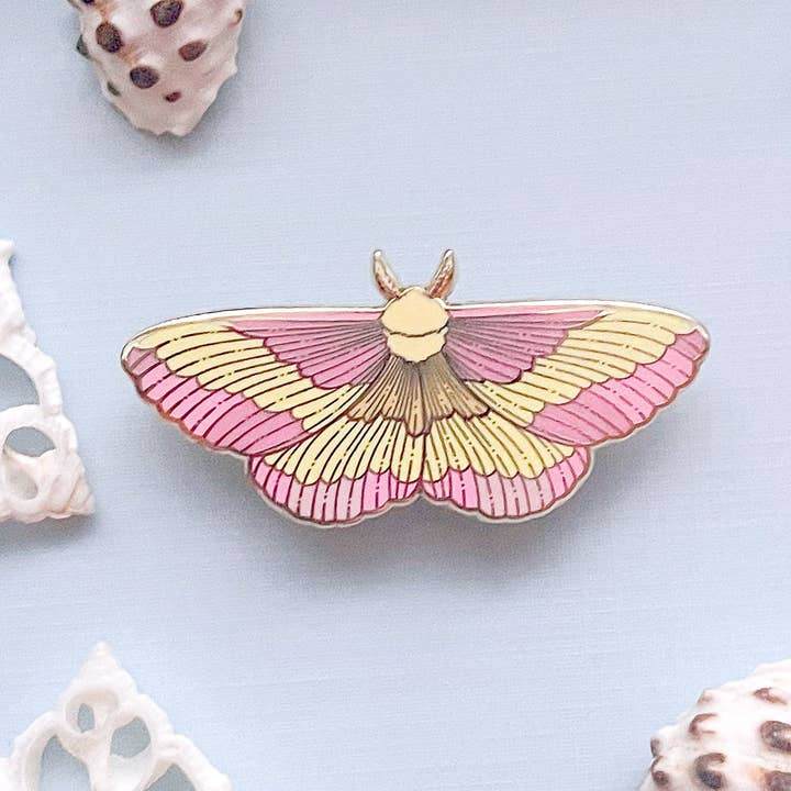 Rosy Maple Moth (Dryocampa rubicunda) Enamel Pin for wholesale by Alum and Ink