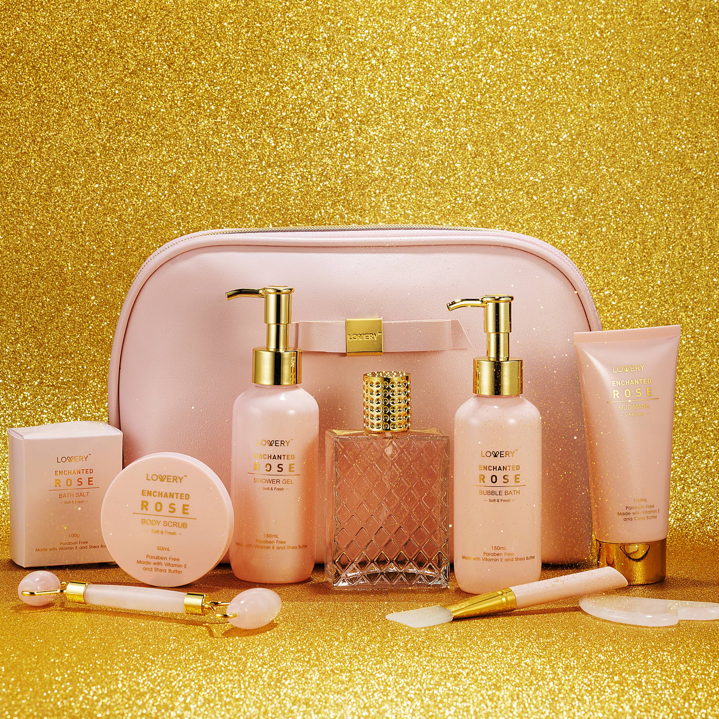 Lovery – wholesale Bath & body set – Enchanted Rose Self Care Kit - Perfumes, Jade Roller & More5