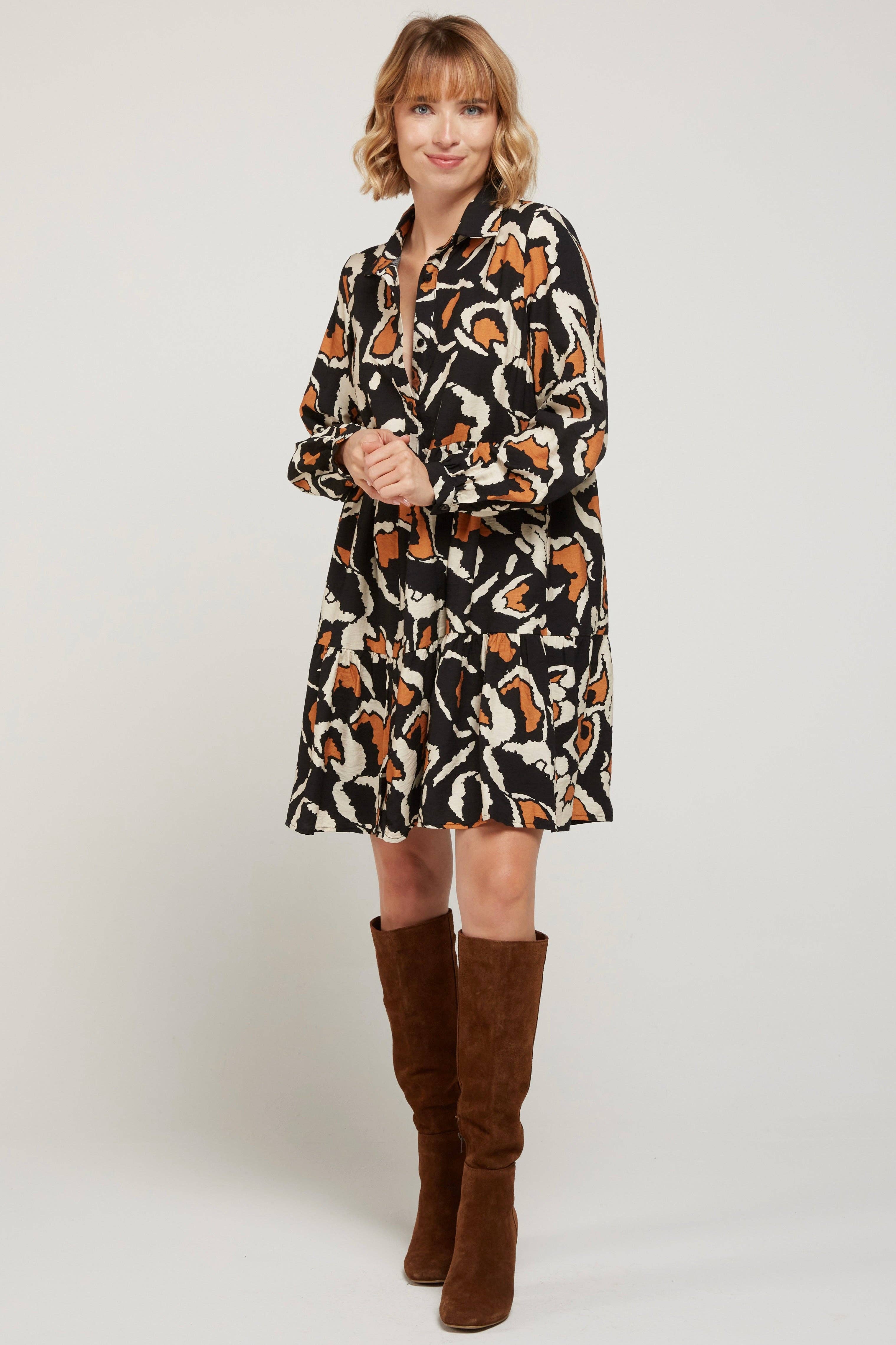 Andy & Lucy - Vendita all'ingrosso Vestito - Donna - MANOLA - Abito corto stampato - colletto a camicia, maniche lunghe0