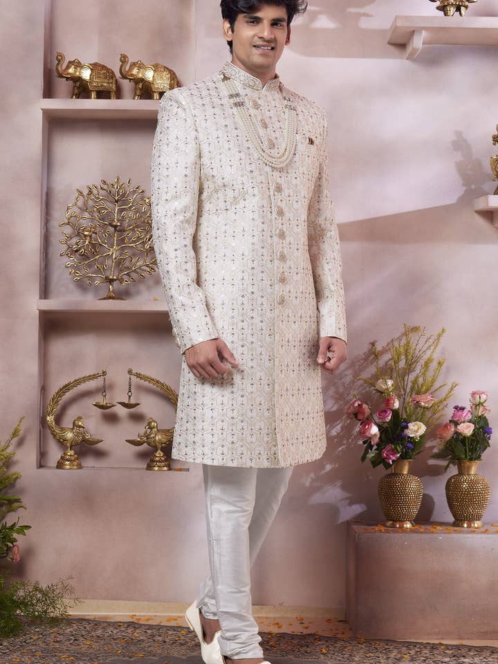 Off White Art Silk Indo Western Traditional Sherwani Long Kurta & Pant Suit for Men for Wedding - Thread Embroidery Work for wholesale by HATKE BRIDE