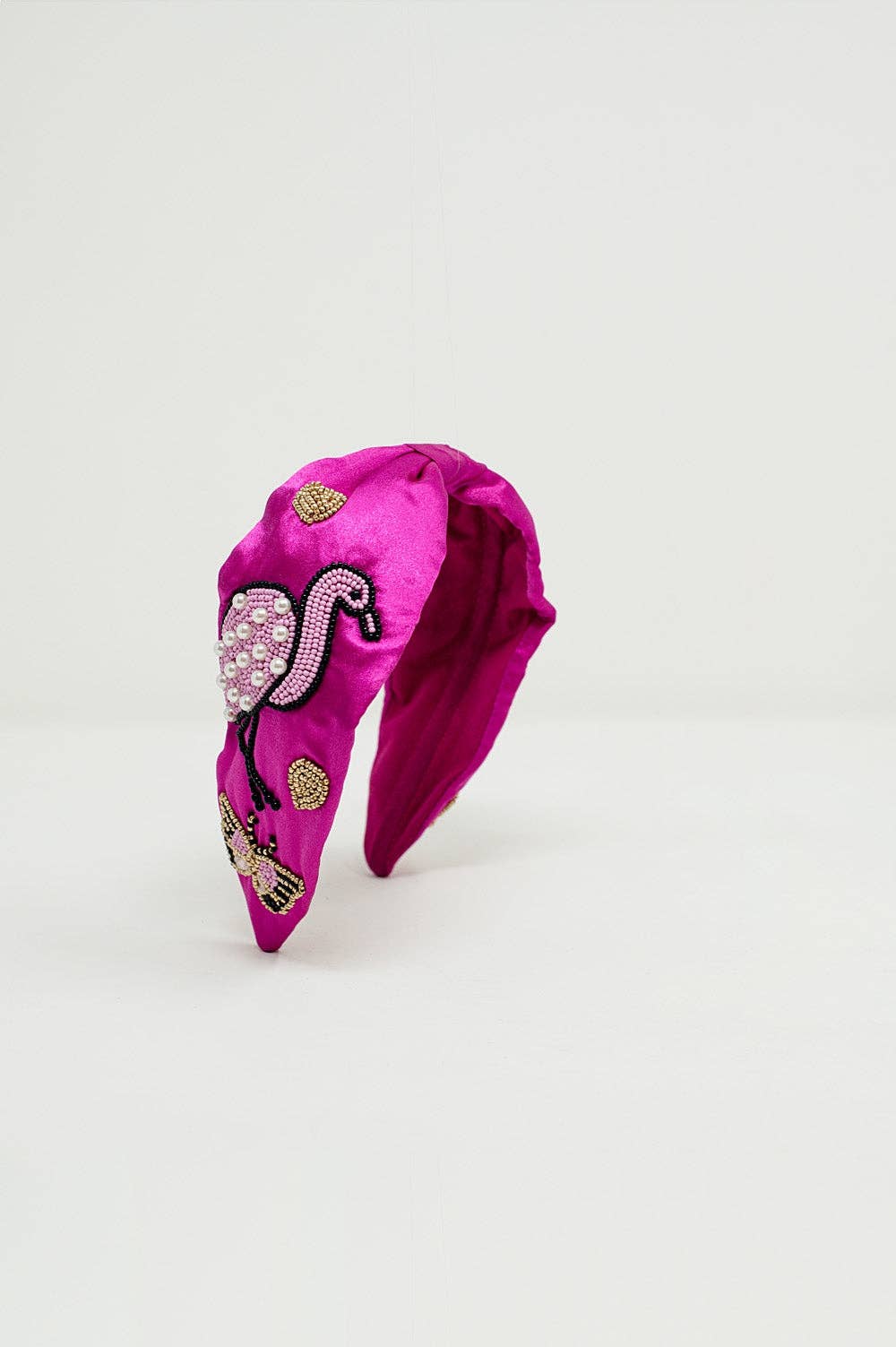 Fuchsia Satin Headband with Embroidered Flamigos for wholesale on Faire