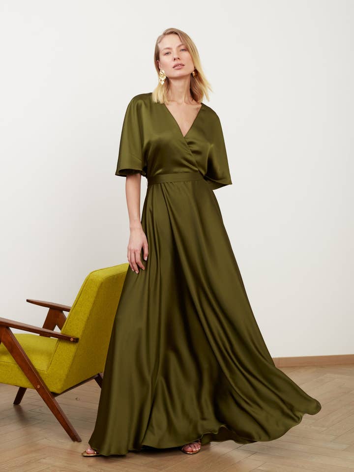 Solene Olive Green Satin Long Dress For Wedding Guest for wholesale by UNDRESS