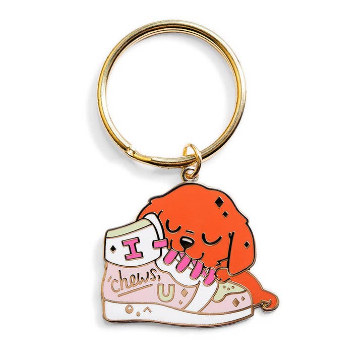 "I Chews You" Golden Retriever Shoe Enamel Keychain for wholesale by Flair Fighter