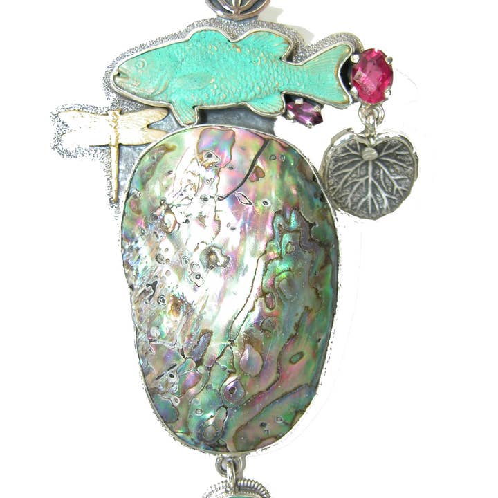 Natural Abalone Chrysoprase Fish Sterling Silver Pin Pendant for wholesale by Amy Kahn Russell