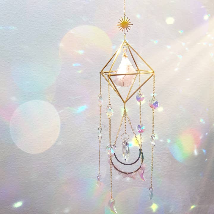 Large Rose Quartz Crystal Suncatcher Rainbow Prism for wholesale by Celestial Habit