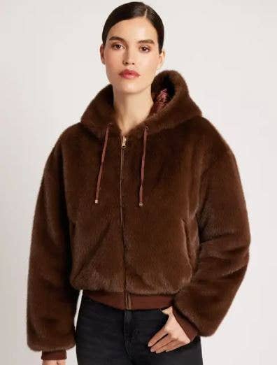 Brown Cappucino Fawn Reversible Faux Fur Hoodie - Cappucino/Brown ATS for wholesale on Faire0