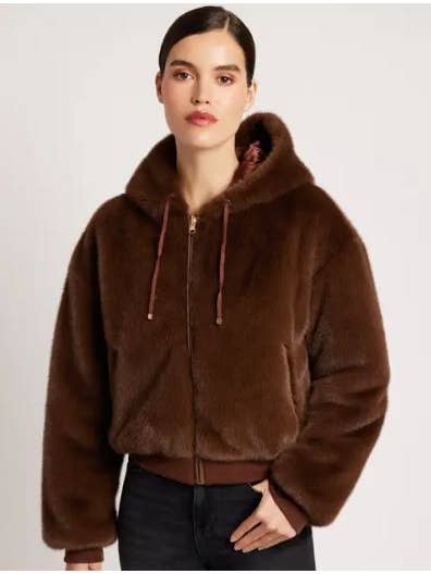 Brown Cappucino Fawn Reversible Faux Fur Hoodie - Cappucino/Brown ATS for wholesale on Faire