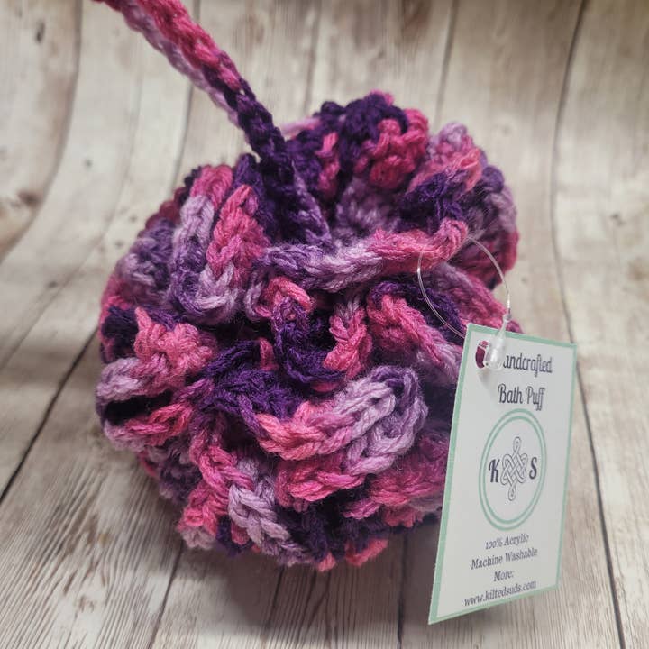 Pink & Purple Shower Puff Bath Sponge for wholesale by Kilted Suds
