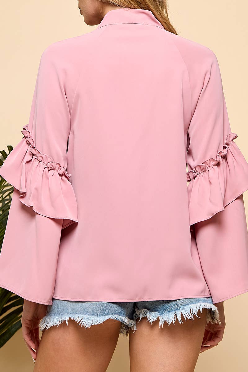 Nackt Rosa Langärmelige Bluse mit Lagen, ausgestellten Ärmeln und Schleifenkragen für den Großhandel auf Faire10