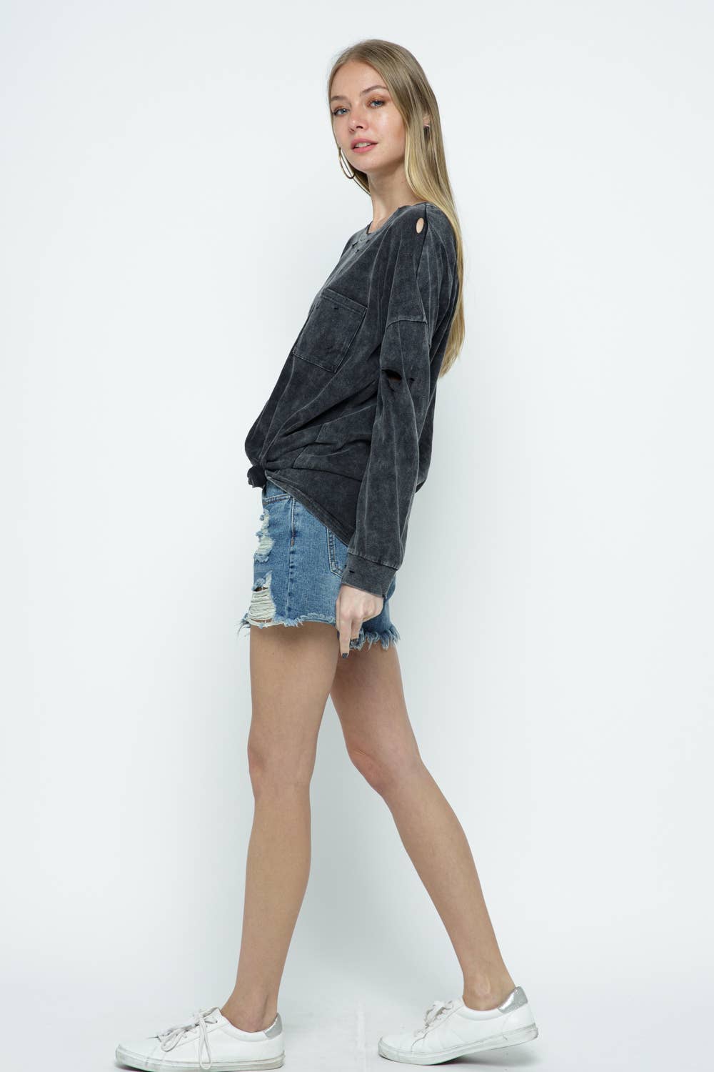 CHARCOAL 12567T - MINERAL WASHED DISTRESSED KNIT TOP for wholesale on Faire3