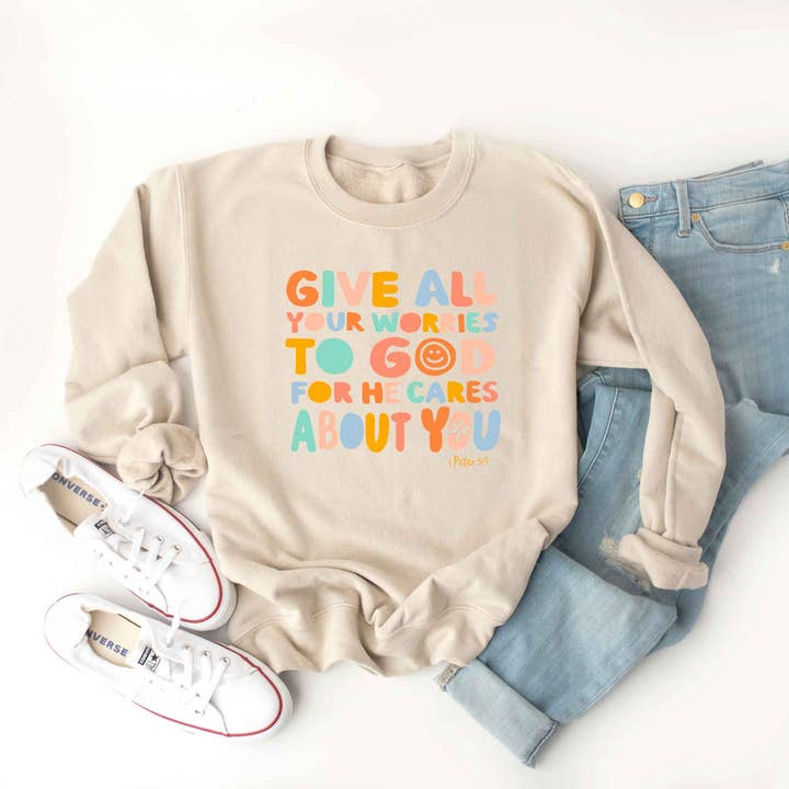 All Your Worries To God Smiley Face | Sweatshirt | Faith for wholesale by Uplifting Threads Co Wholesale