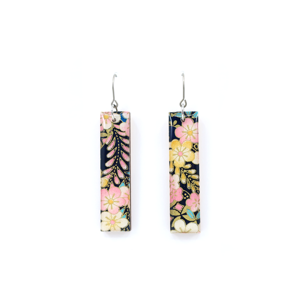 autumn + tree - Wholesale Dangle Earrings - Navy/Pink floral Chiyogami long bar titanium earrings1