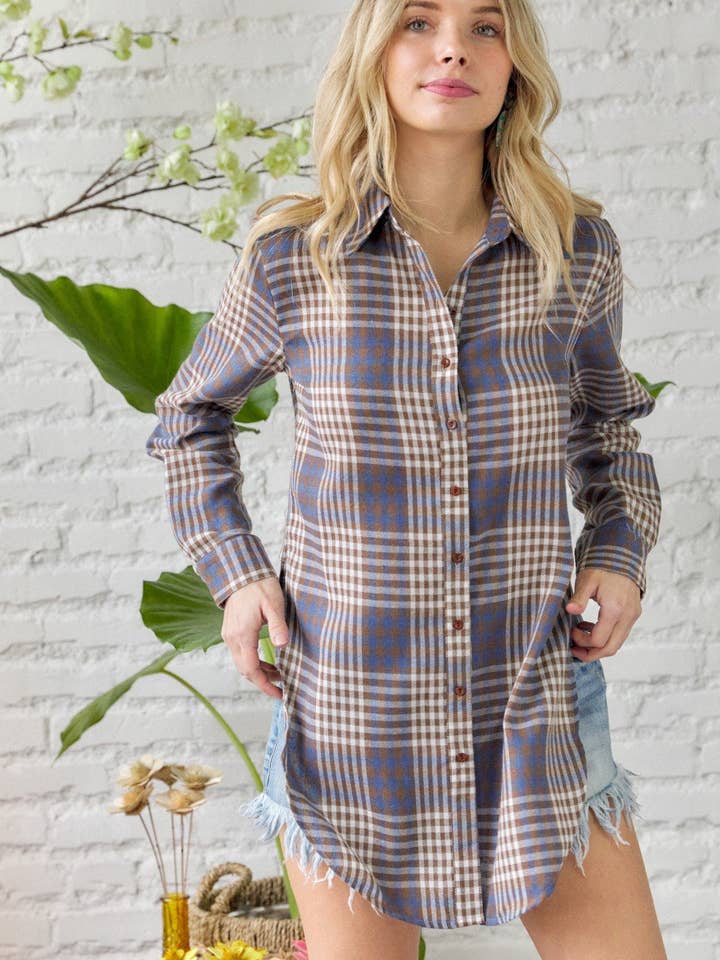PLAID BUTTON DOWN SHIRT WITH LONG SIDE SLIT for wholesale by Hers & Mine