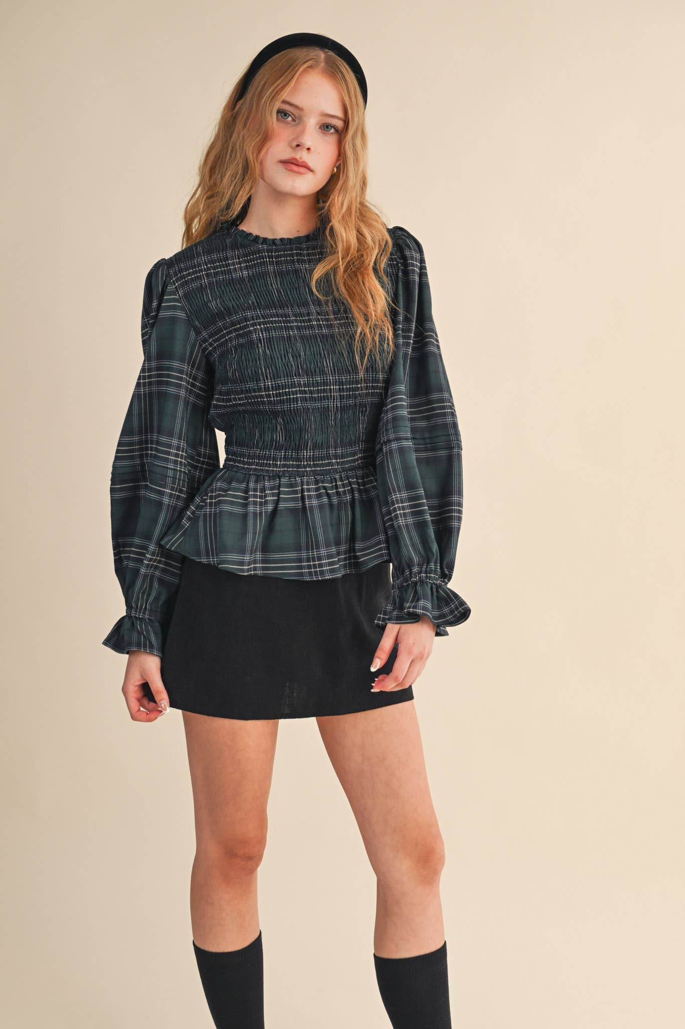 SMOCKED PLAID PUFF SLEEVE PEPLUM TOP MTP4192 for wholesale on Faire5