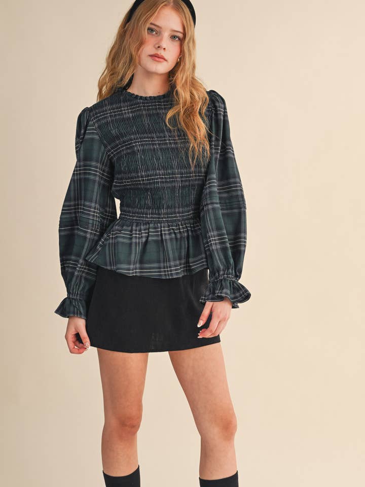 SMOCKED PLAID PUFF SLEEVE PEPLUM TOP MTP4192 for wholesale on Faire5