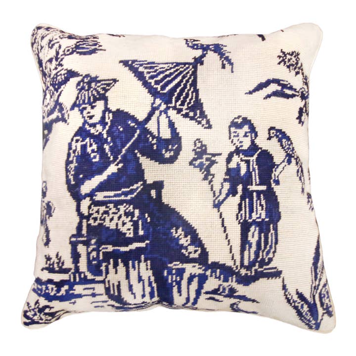 Boy With Bird - Blue Needlepoint Pillow 18" X 18" for wholesale by Michaelian Home/India Overseas Traders, Inc.
