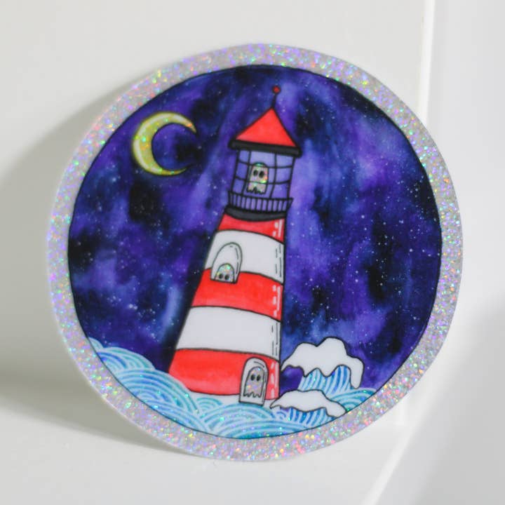 Scribbles and Doodlez - Wholesale Sticker - Spooky Glitter Ghost Lighthouse | Watercolor Sticker