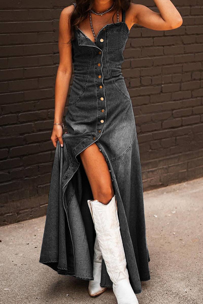 Mccolin - Wholesale Dress - Women's - Button-Front Denim A-Line Dress0