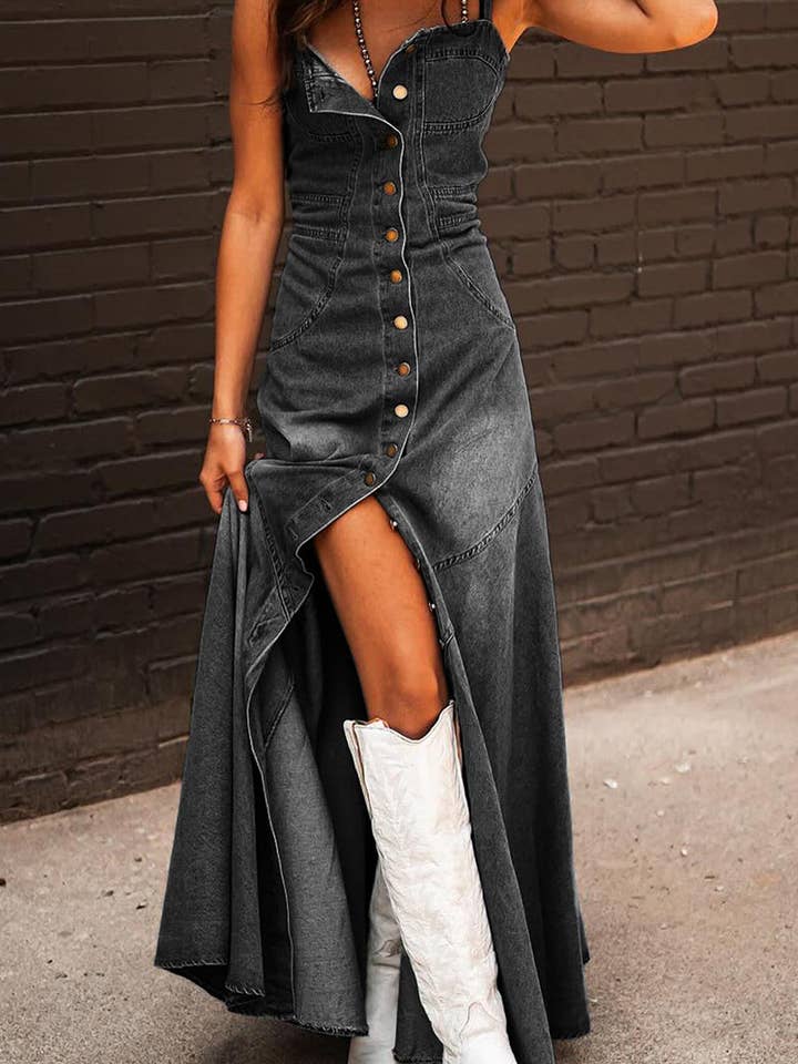 Mccolin - Wholesale Dress - Women's - Button-Front Denim A-Line Dress