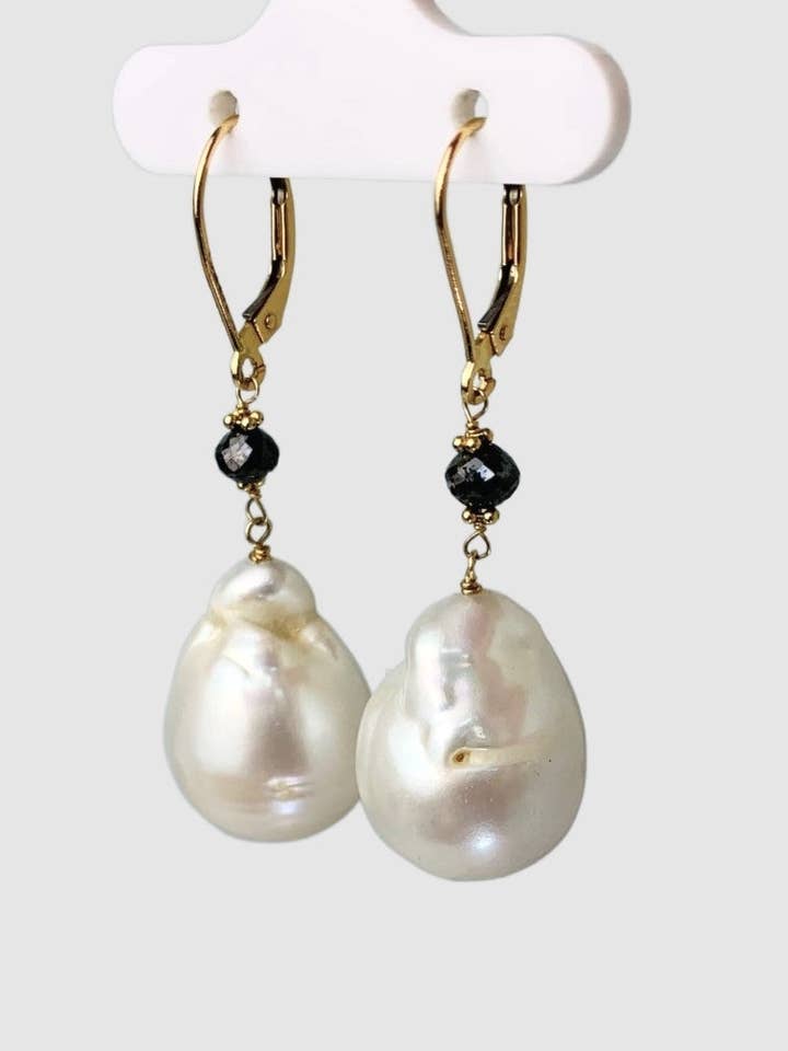 14KY Pearl And Black Diamond 2 Station Drop Earrings for wholesale by Raja Jewels