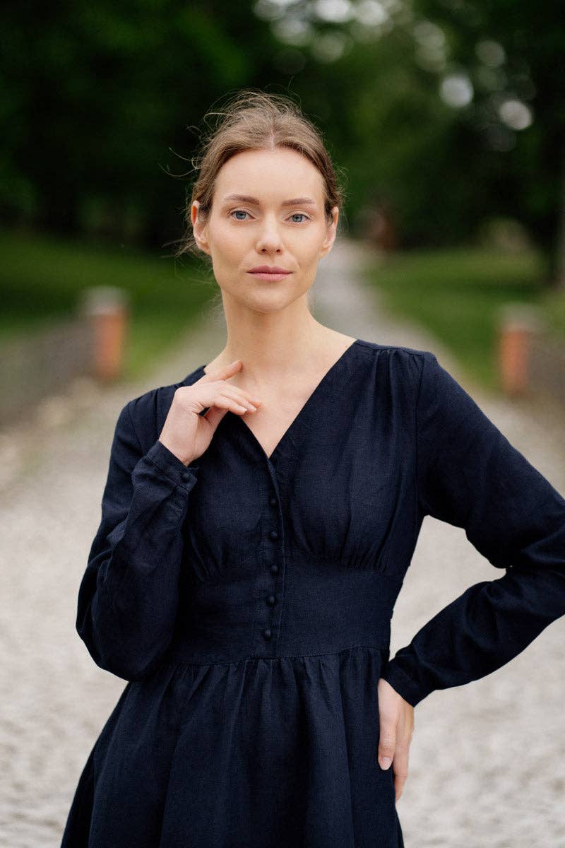 Son de Flor – Großhandel Kleid – Damen – Diane – Leinen-Midikleid mit V-Ausschnitt9