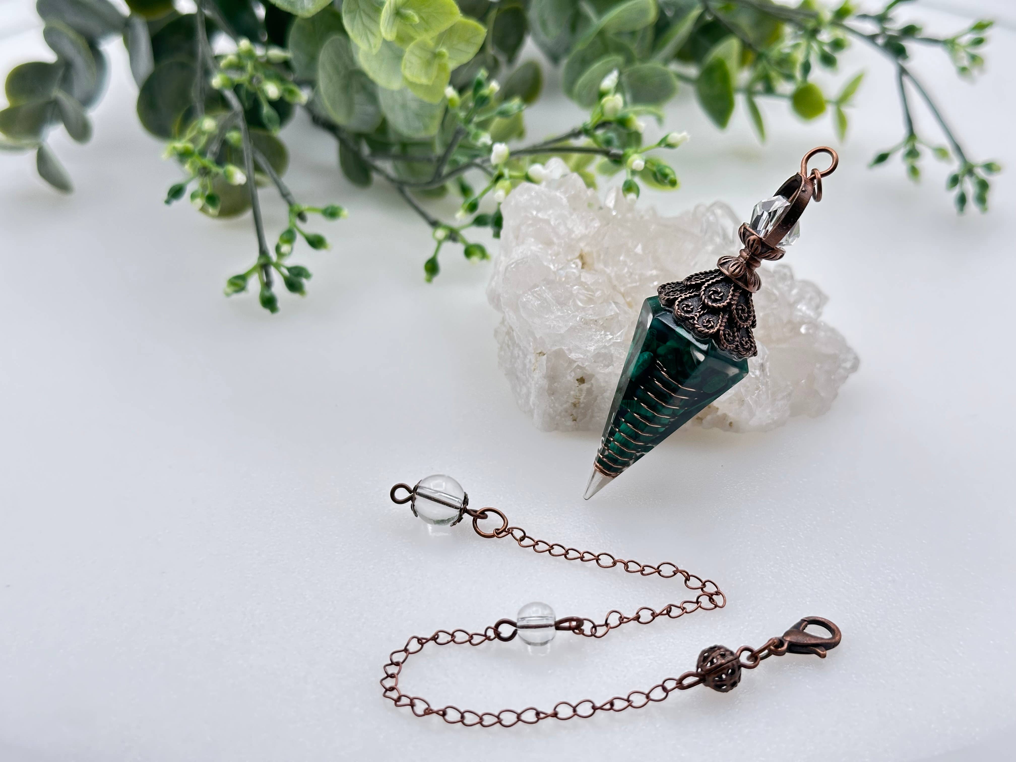 Meraki Gemstones - Wholesale Pendulum Board - Malachite Gemstone (Natural) Chips w/Copper - Resin Pendulum1