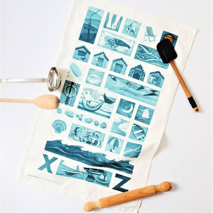 Elizabeth Morris Seaside A - Z Tea Towel for wholesale by Hayletts Contemporary Fine Art