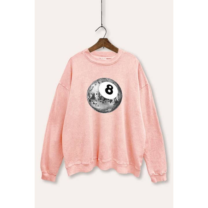 SILVER DISCO 8-BALL GRAPHIC MINERAL WASH SWEATSHIRT for wholesale by VINTAGE POINT USA