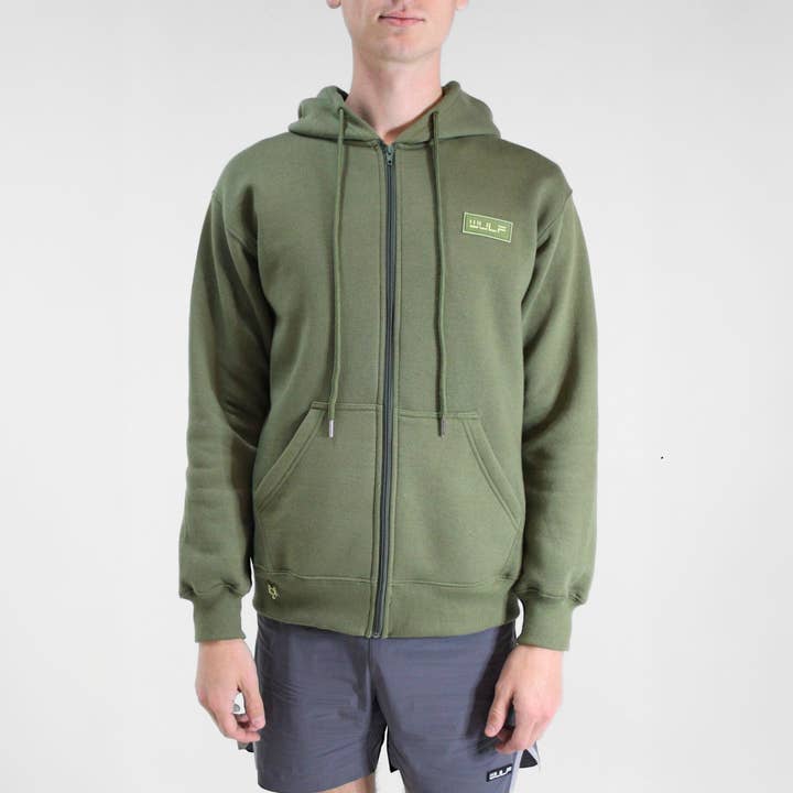 Sweat à capuche zippé WULF vert olive pour hommes pour la vente par WULF