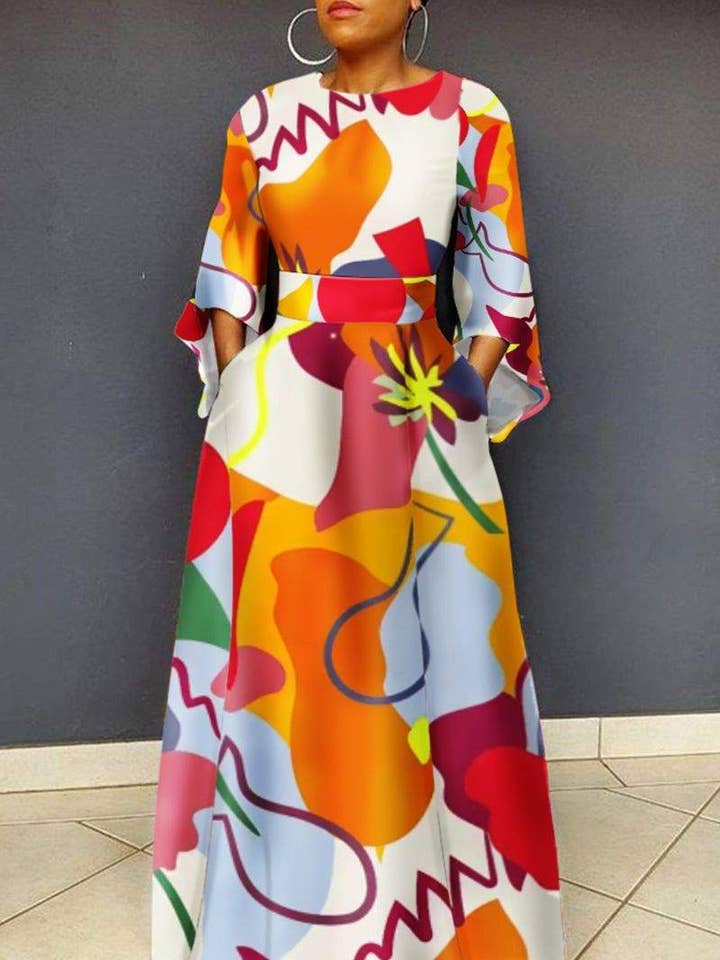 casual print printing o neck printed dress dresses for wholesale by Queen Fashion