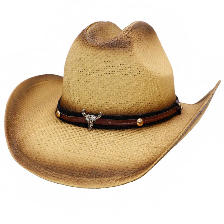 Cap Zone - Wholesale Cowboy Hat - Women's - Buffalo Skull Emblem Belt Quarterhorse Straw Cowboy Hat