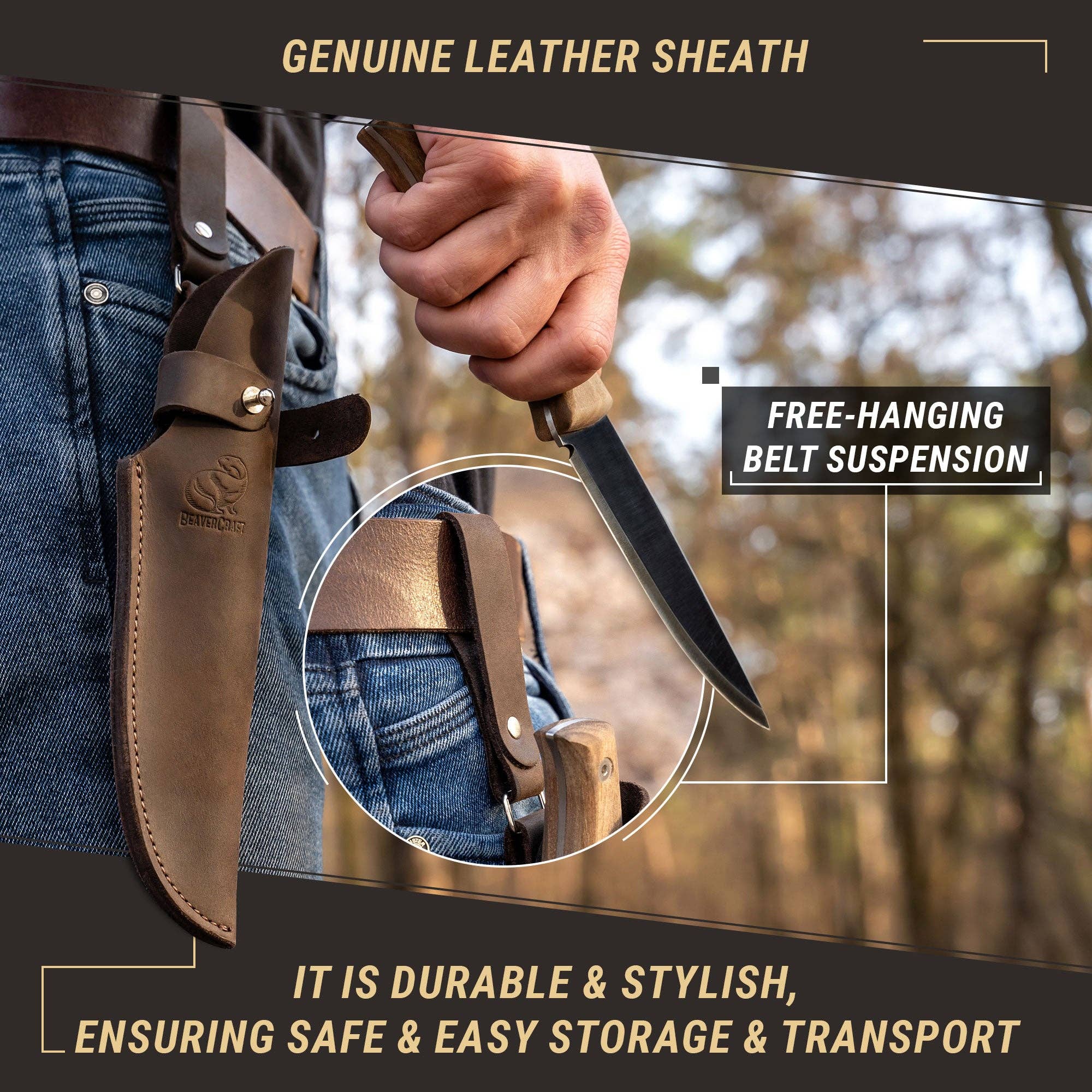 BeaverCraft - Wholesale Pocket Knife/Holder - BSH3-Carbon Steel Fixed-Blade Bushcraft Knife Walnut Handle2