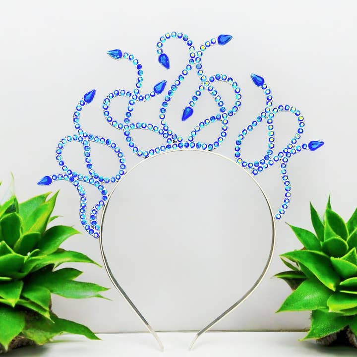 Happy Dream Gifts - Vendita all'ingrosso Fascia per capelli - Donna - Cerchietto Medusa in zaffiro, corona in cristallo blu, cerchietto a forma di fata