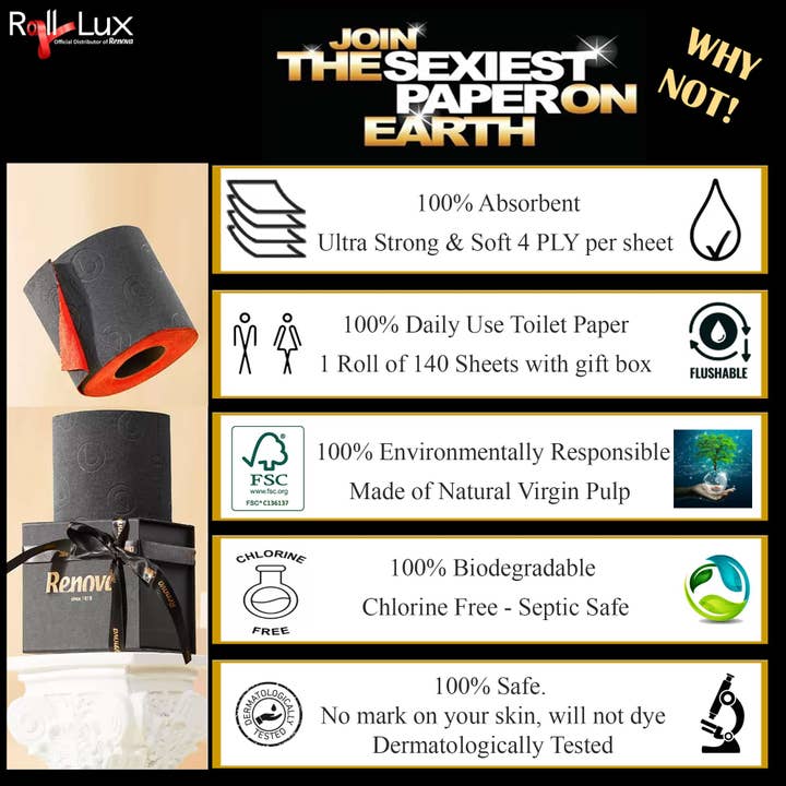 ROLL-LUX - Wholesale Gag Gift/Novelty Gift - Case of 8 Gift Boxes Toilet Paper Noir & Rouge 3 Rolls 4-ply2