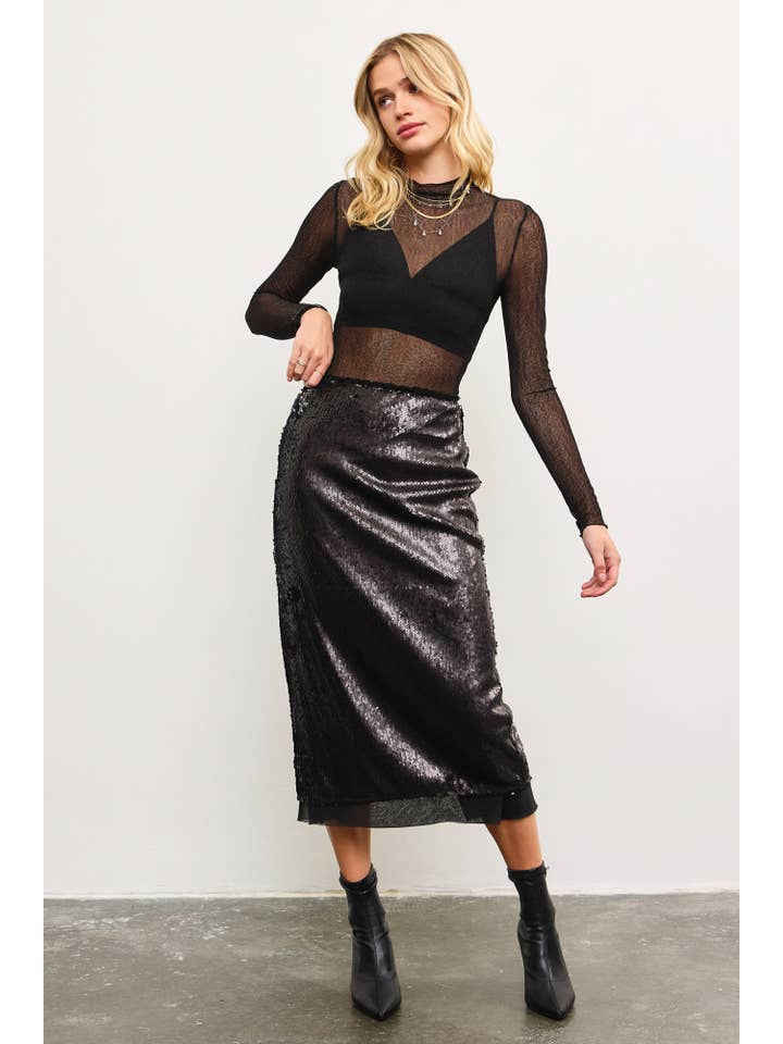 Mustard Seed - Wholesale Skirt - Women's - LAYERED MESH BACK SLIT SEQUIN MIDI SKIRT