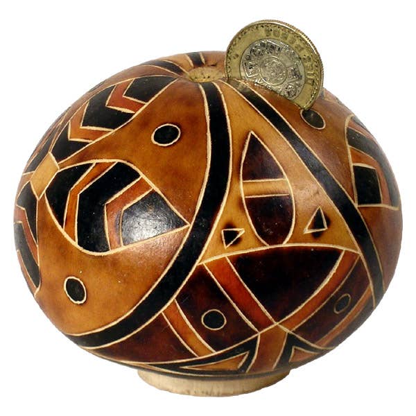 Sanyork Fair Trade - Wholesale Money/Piggy Bank - Gourd Piggy Bank Artisan Hand Carved Assorted Designs 5"