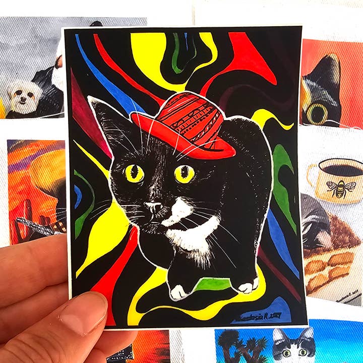 Tuxedokatt i hatt vinylklistermärke för wholesale av MeerCatArt