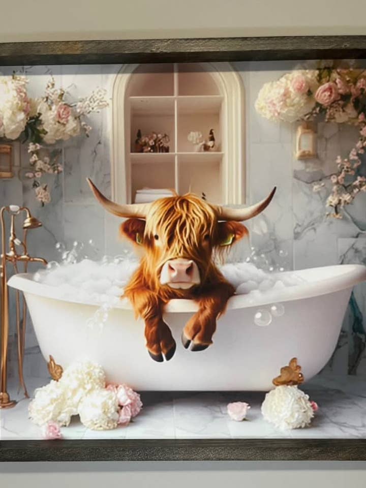 Bathtub Highland Cow Farmhouse Sign for wholesale by Stir Crazy Signs