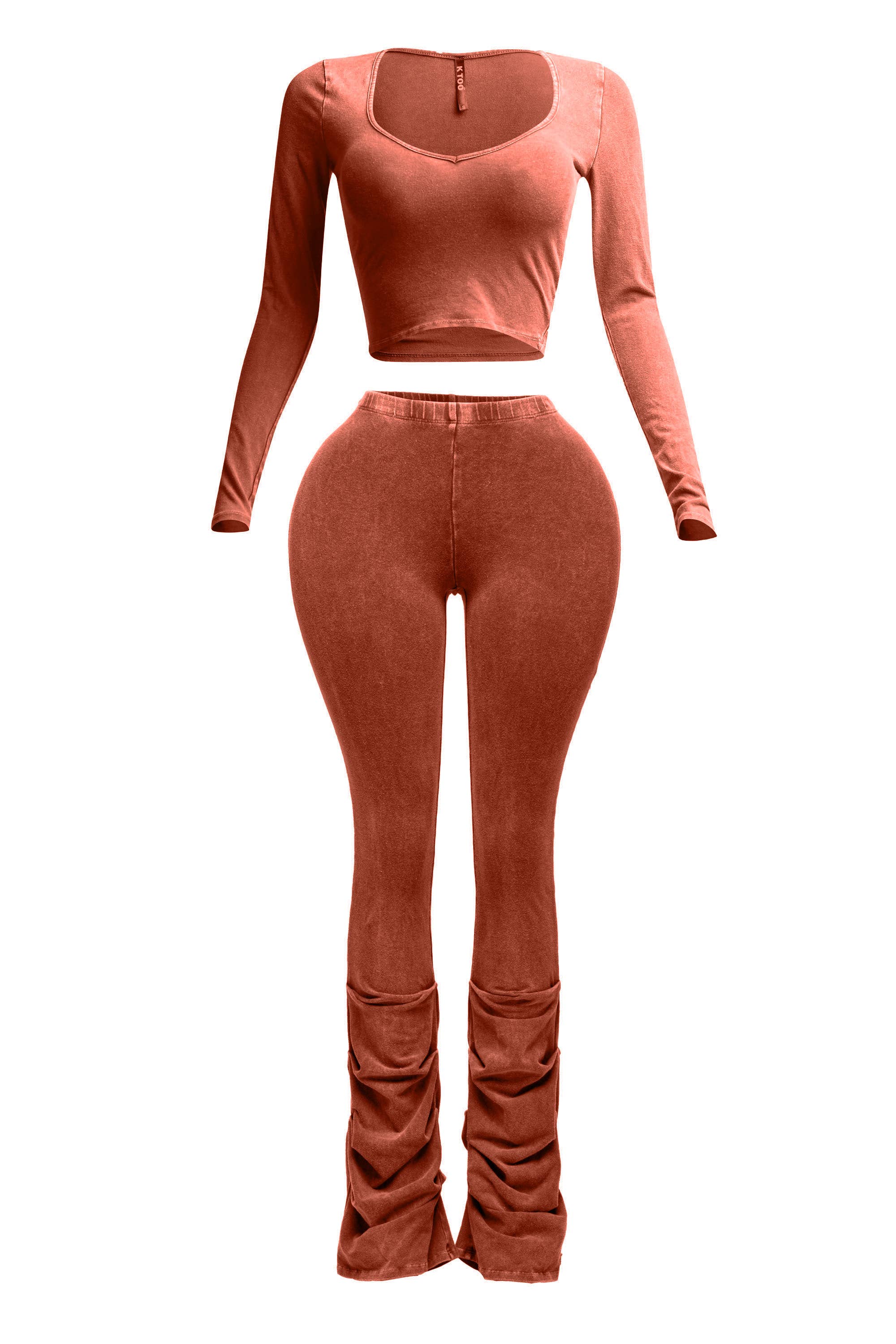 K Too - Vendita all'ingrosso Completo top e pantaloni (NON loungewear) - Donna - Top in tessuto minerale lavato e pantaloni con orlo increspato0