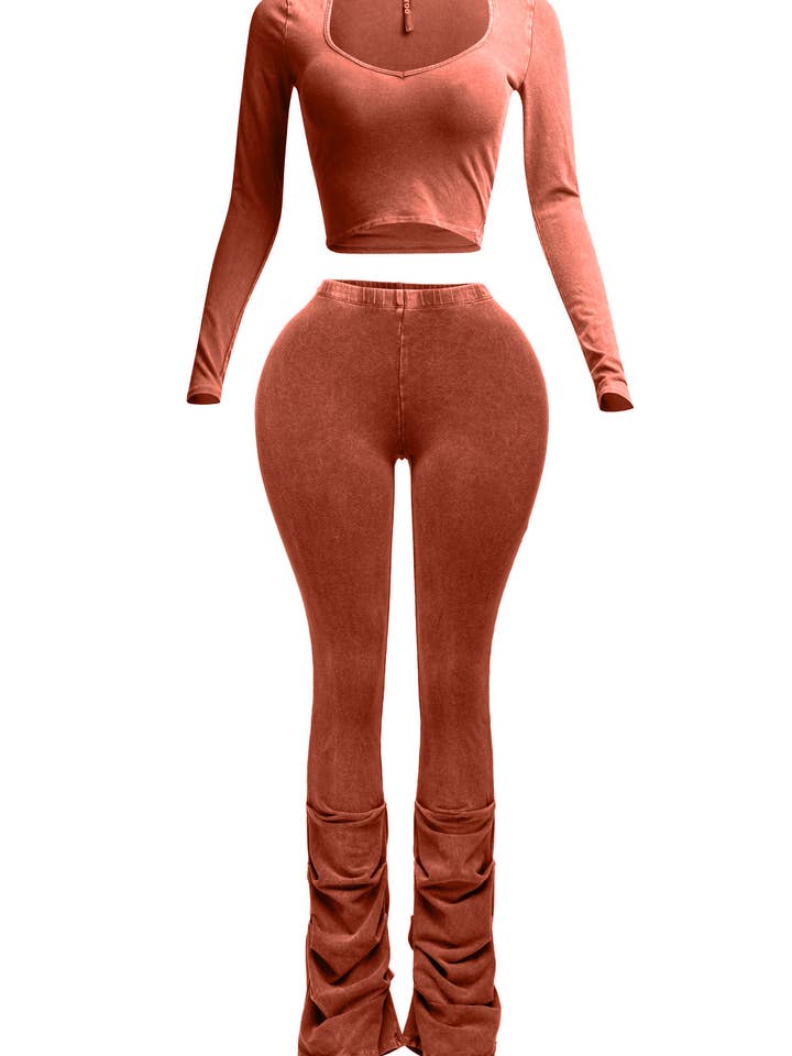 Mineral washed top and ruched hem detailed pants for wholesale by K Too