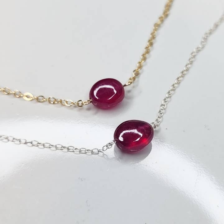 Ruby Pebble Focal Necklace with Sterling Silver & Gold Fill for wholesale by Sara Sela Jewelry
