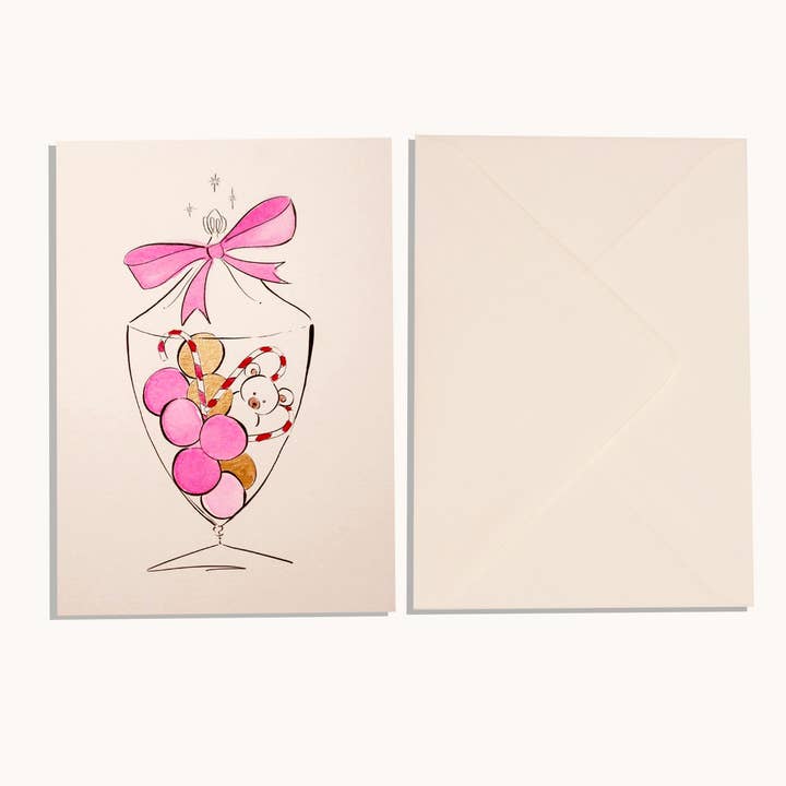 Hand painted Christmas Teddy Bear & Ornament Jar Card for wholesale by Jasmine Germaine London Handcrafted