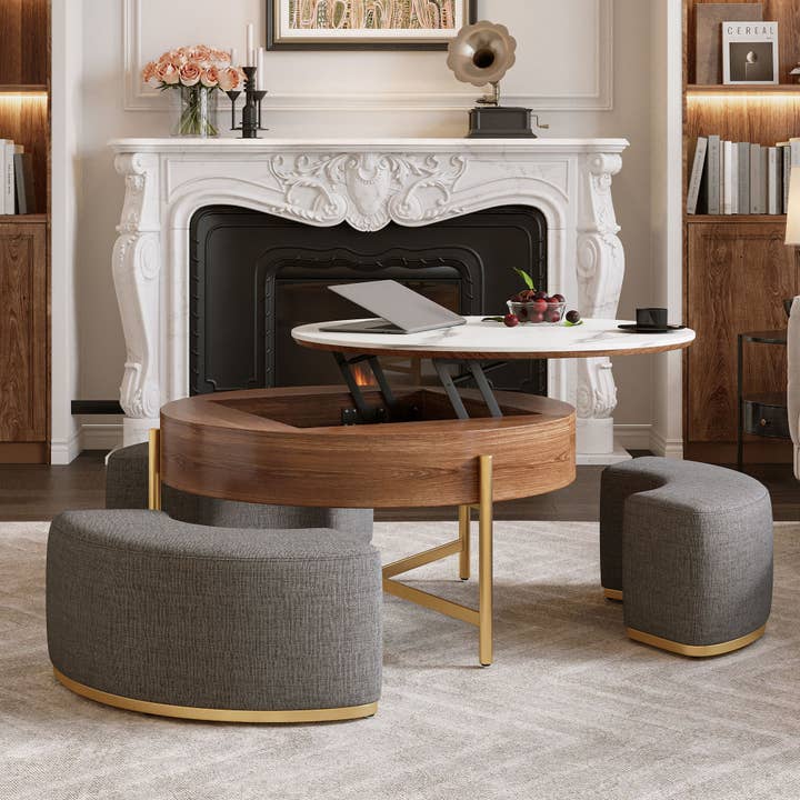 39F Inc. - Wholesale Coffee Table - Modern Lift-Top Round Coffee Table w/3 Nesting Ottomans 1