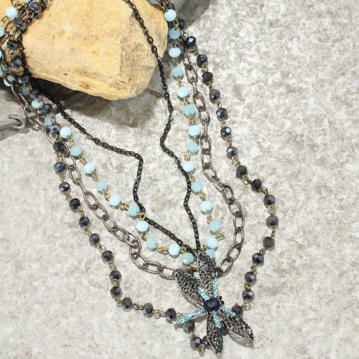 Dragonfly Bling Shades Of Blue Layered Necklace for wholesale by The Primitive Peddler, Inc.