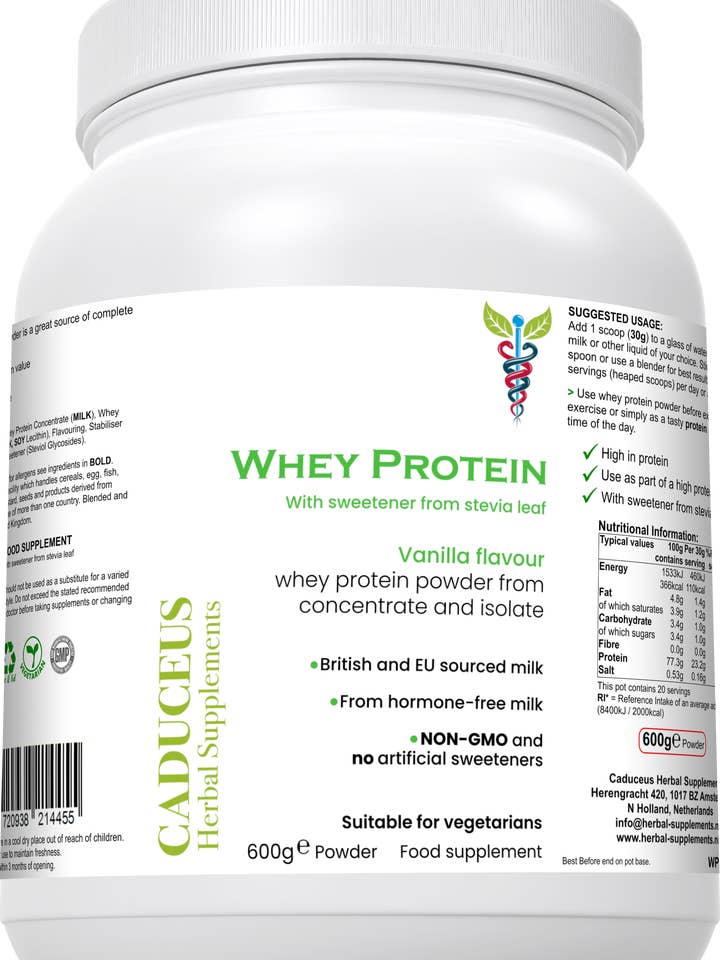 Whey Protein made from whey concentrate and isolate (vanilla flavour) for wholesale by CADUCEUS kruidenapotheek