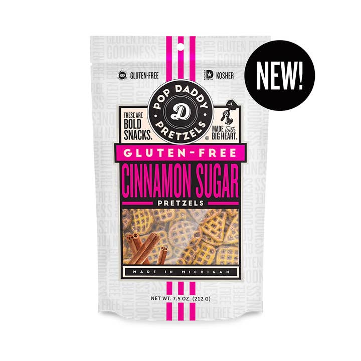 Pop Daddy Snacks - Wholesale Pretzels - NEW Gluten-Free Cinnamon Sugar Seasoned Pretzels 7.5 oz