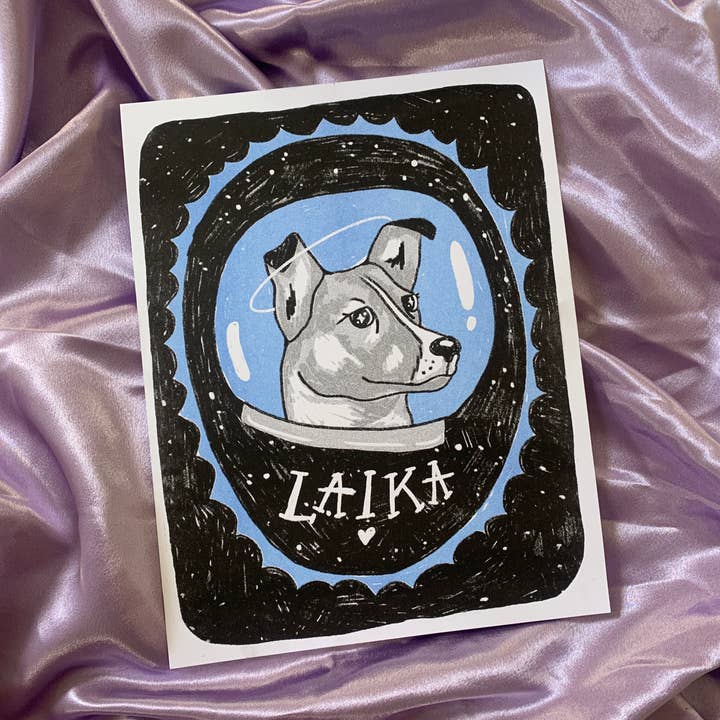 Alex Luciano - Wholesale Art Print - Laika the Space Dog 8.5x11" riso print