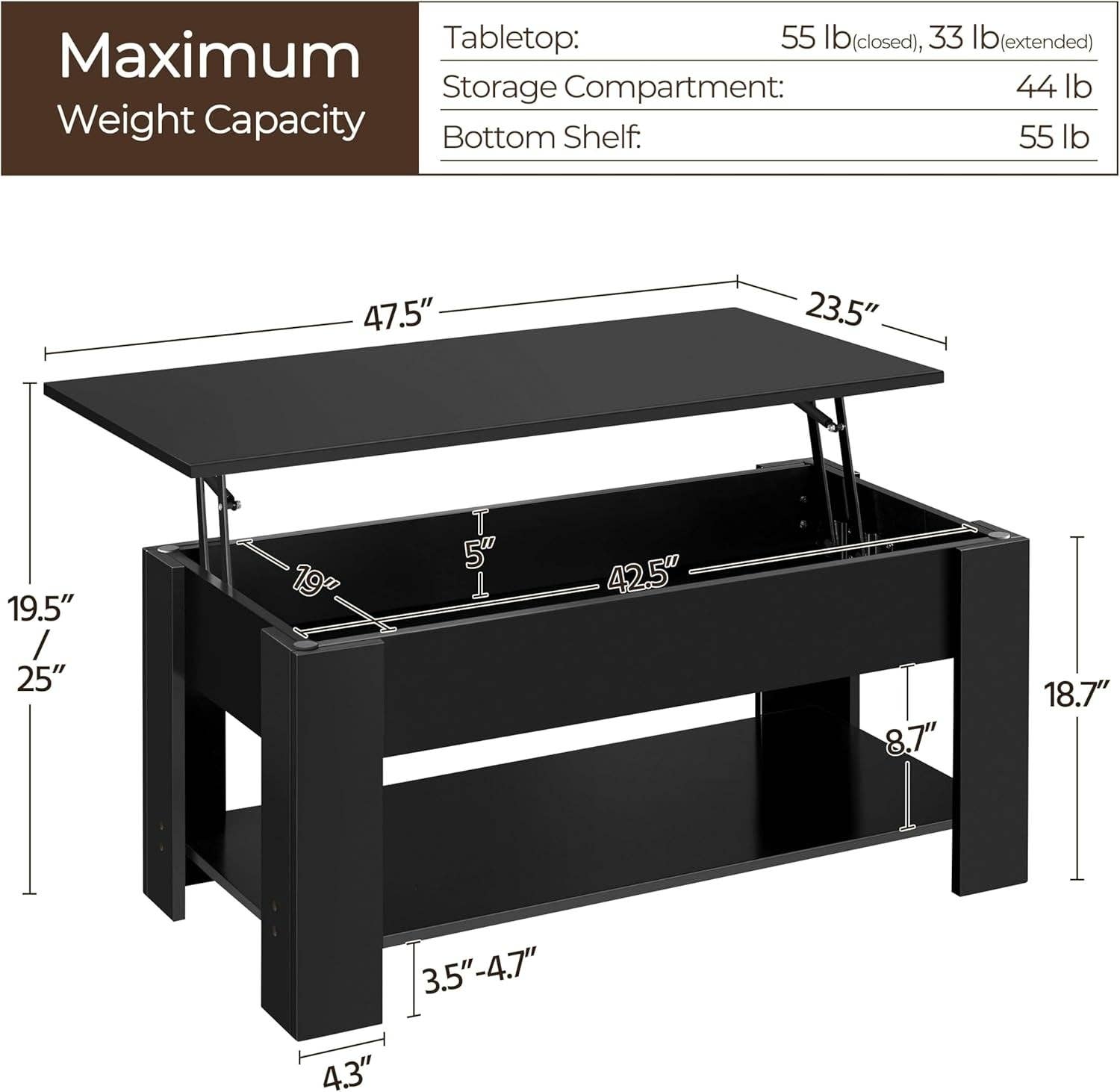Black Lift Top Coffee Table With Hidden Compartment 47.5 Inch for wholesale on Faire2